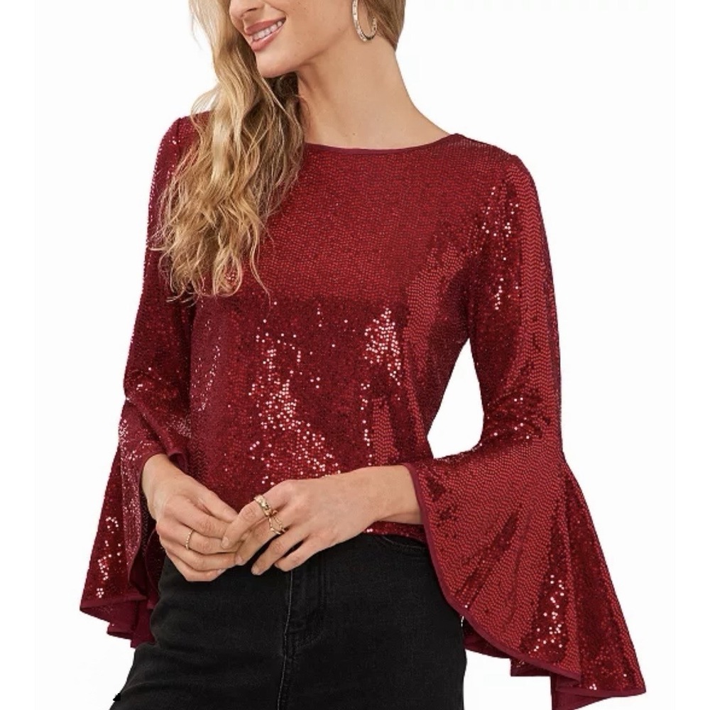 Vince Camuto Blouse Women's 3X Red Sequin Bell Sleeve‎ Top Bling Date Valentines
